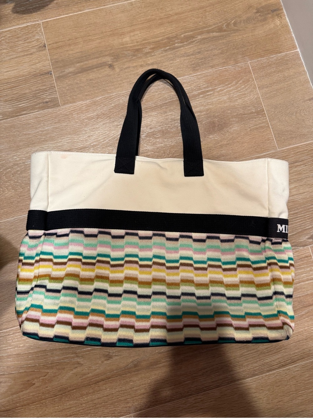 Large Missoni Mare Cream, Black and Multicolor Striped Canvas Beach Tote - Picture 5 of 9